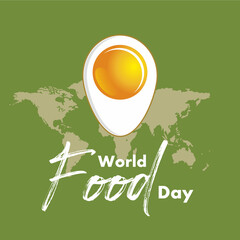 World Food Day poster template with an illustration of a fried egg in the shape of a pin and a world map silhouette background. Vector Illustrations.