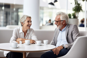 Obraz premium Happy aged couple consulting with insurance agent, medical professional at home or office