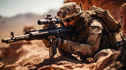 Military sniper in the desert. Sniper mercenary with a rifle aims at the enemy. Generative AI