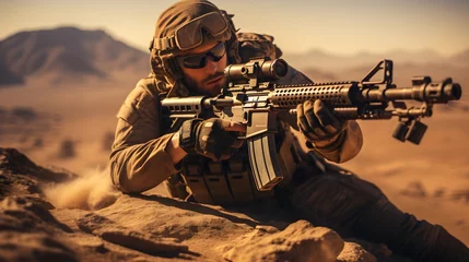 Fotobehang Military sniper in the desert. Sniper mercenary with a rifle aims at the enemy. Generative AI © PSCL RDL