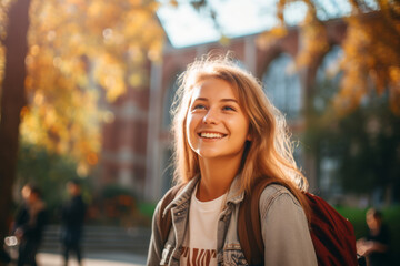 A student girl with a backpack and shoulder bag in the city street in autumn. Happy smiling - obrazy, fototapety, plakaty
