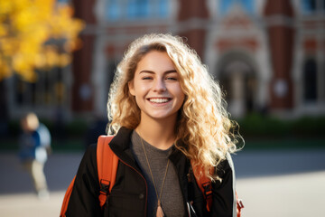A student girl with a backpack and shoulder bag in the city street in autumn. Happy smiling