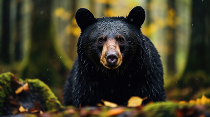 Wild black bear cub searches for food along a hillside overturning rocks among young evergreen trees