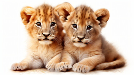 Image of two baby lions cubs cuddle together on white background