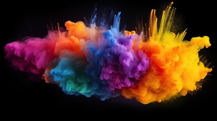 Colorful paint falls from above mixed with water. Ink swirls underwater, Exploding color powder in rainbow colors on black background