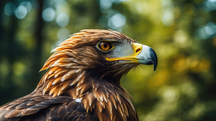 Obraz premium Golden eagle looking around. A majestic golden eagle takes in its surroundings from its spot amongst moorland vegetation