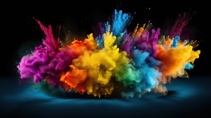 Colorful paint falls from above mixed with water. Ink swirls underwater, Exploding color powder in rainbow colors on black background	
