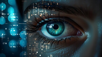 Close-up of Eyes and Glasses with Tech Reflection, Cyber Security Concept. Generative AI