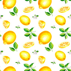 Seamless pattern with lemons, slices and green leaves with white flowers Summer citrus print Watercolor hand drawn illustration for design, textile, printing packaging, wrapping paper and covers.