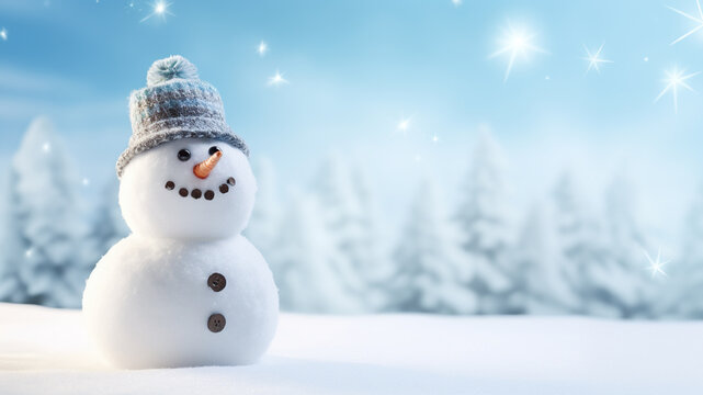 Cute snowman with a snowy winter landscape in the background.