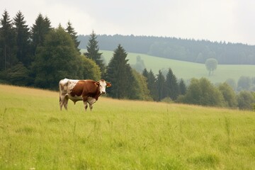 Fototapeta na wymiar Dairy cow grazing in Czech pasture. Generative AI