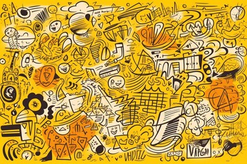 Quick doodle with yellow inscription and surrounding doodle icons, ideal for web banners and printed materials. Generative AI