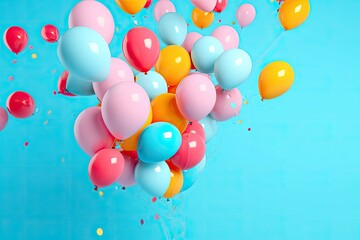 colorful balloons flying in the air, levitation,rainbow palete pastel background for design