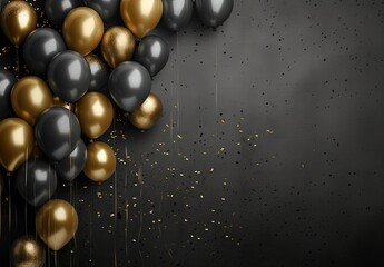 Golden celebration. Glittering balloons for birthday bash. Festive airborne fun.