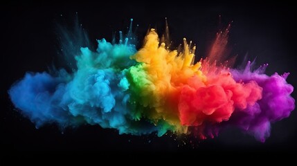 Colorful paint falls from above mixed with water. Ink swirls underwater, Exploding color powder in rainbow colors on black background