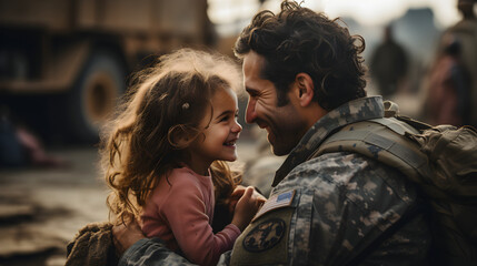 Affectionate military reunion between father and daughter. Generative AI - obrazy, fototapety, plakaty