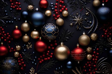 Shiny Christmas decorations on a dark blue background.
