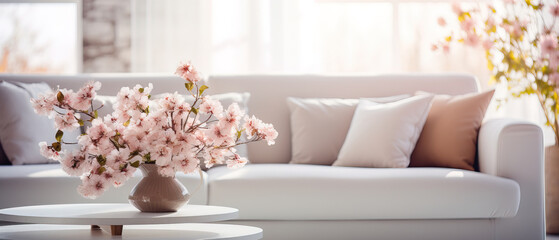 Fototapeta na wymiar close up of a modern living room with sofa and flowers, 