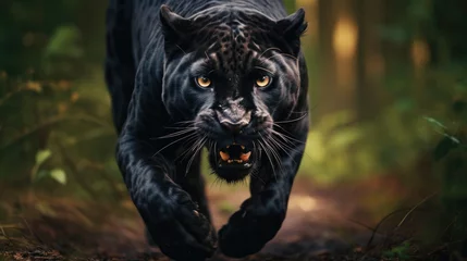 Zelfklevend Fotobehang Black Panther in animal forest, black jaguar hunting, Panther hunting, jaguar panther wilderness nature close © Ruslan Gilmanshin