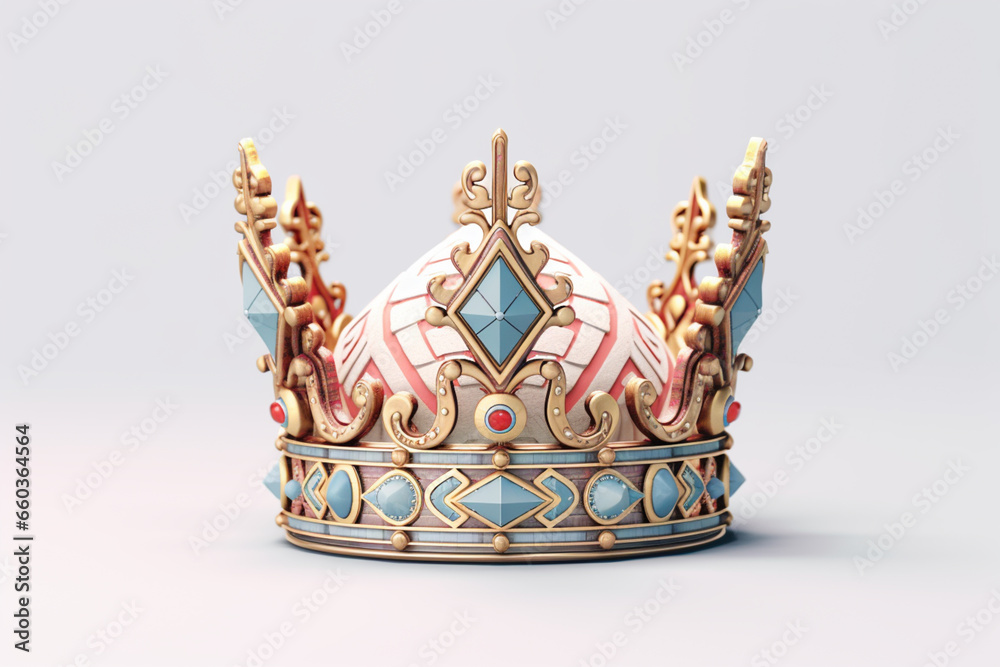 Poster a pastel-colored geometric crown design for a king, featuring intricate patterns and soft hues for a