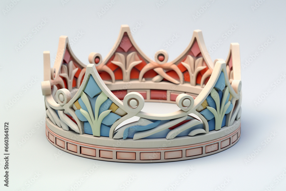 Poster a pastel-colored geometric crown design for a king, featuring intricate patterns and soft hues for a