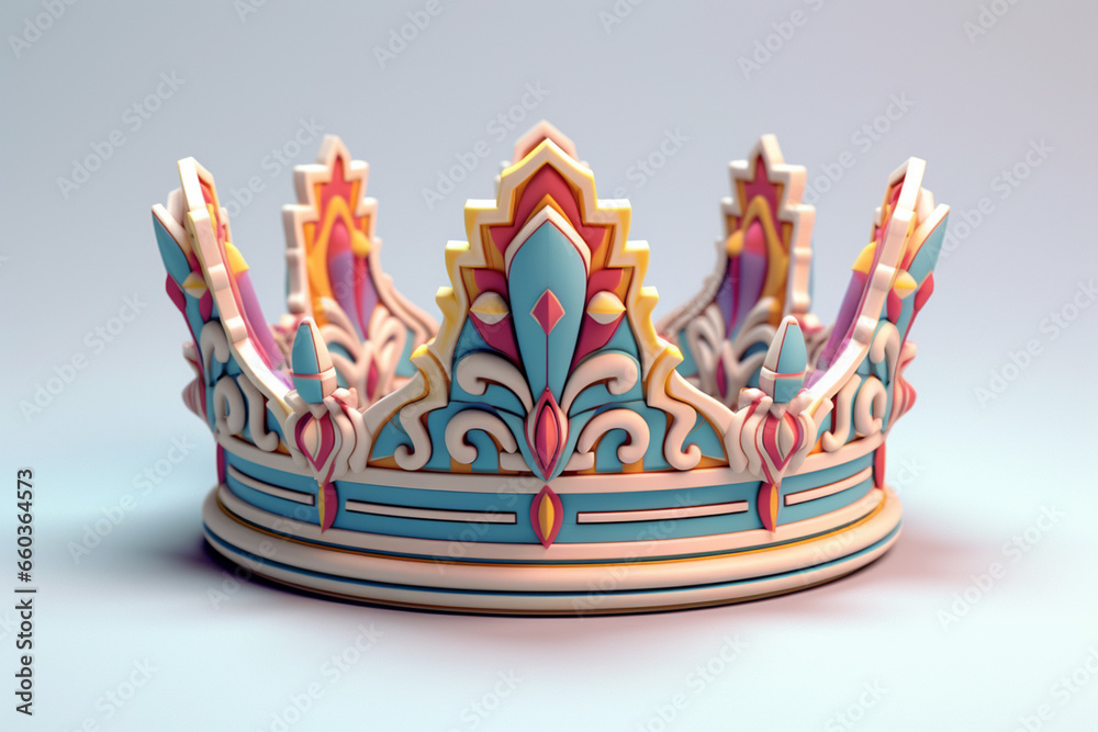 Poster a pastel-colored geometric crown design for a king, featuring intricate patterns and soft hues for a