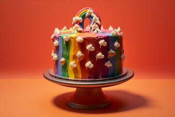 Fototapeta na wymiar A rainbow-colored LGBTQ+ pride cake decorated with colorful icing and symbols, representing celebration and joy. 