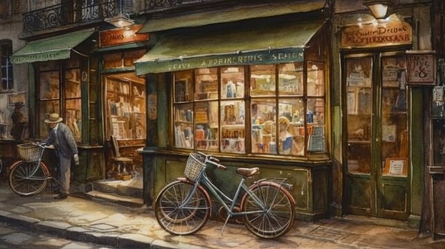 Watercolors in vintage style of an old cafe in the city of Paris.