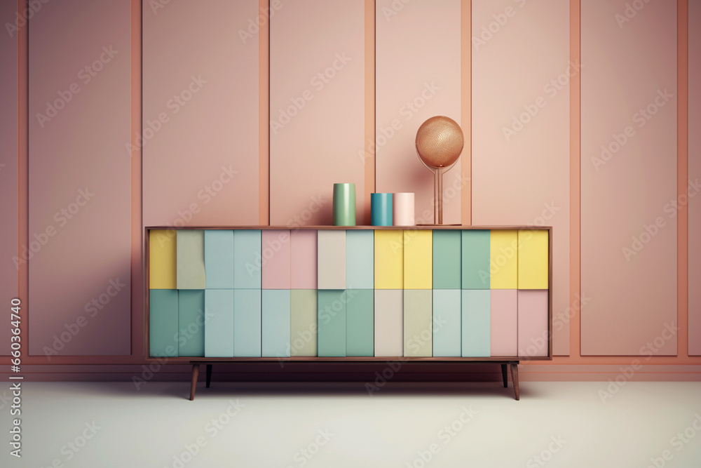 Poster a pastel-colored geometric-style column sideboard with geometric patterns and gentle pastel shades, 