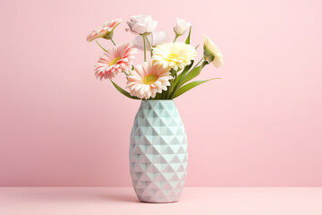 A pastel-colored geometric-inspired flower vase with geometric cutouts and soothing pastel gradients, showcasing the elegance of flowers in a contemporary way.  
