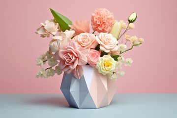 A pastel-colored geometric-style flower arrangement with geometric containers and pastel accents, adding a contemporary touch to floral decor. 