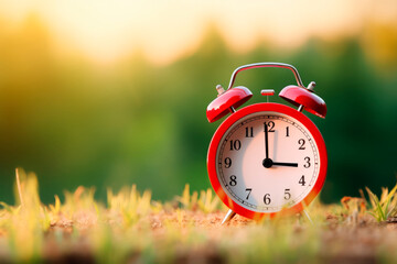 Alarm clock on the background of a summer landscape 
