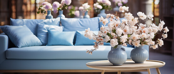 close up of a modern living room with sofa and flowers, 
