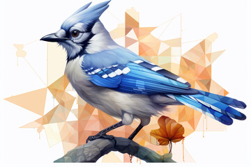 A pastel-colored geometric-themed Blue Jay illustration with angular shapes and delicate pastel shades, capturing the wisdom and grace of this majestic bird. 