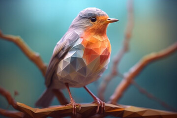 A pastel-colored geometric-themed Robin illustration with angular shapes and delicate pastel shades, capturing the wisdom and grace of this majestic bird. 