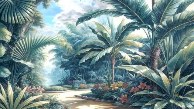 Fantasy Paradise Illustration. Beautiful natural panorama of a fantasy tropical forest. Watercolor anime style. seamless looping video animation virtual background