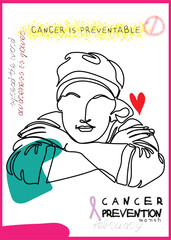 Cancer prevention month poster. Doodles and kids style art. Awareness is power. Spread words to save lives.