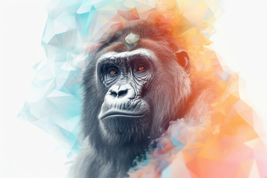 A pastel-colored geometric-style Gorilla artwork with intricate geometric shapes and soft pastel hues, showcasing the beauty of nature in a modern design. 