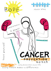 Cancer prevention month poster. Doodles and kids style art. Awareness is power. Spread words to save lives.
