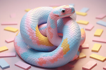 Fototapeta premium A pastel-colored geometric-style Snake artwork with intricate geometric shapes and soft pastel hues, showcasing the beauty of nature in a modern design. 