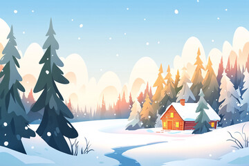Fototapeta na wymiar Winter solstice solar term, forest snow house winter outdoor travel illustration