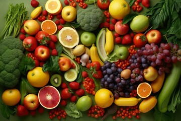 Naklejka na ściany i meble Overhead shot of nourishing fruits and vegetables on a nutritious backdrop, offering room for text. Generative AI
