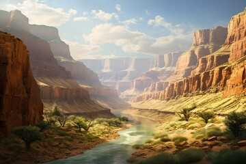 A concealed waterway runs through the majestic landscape of the Grand Canyon. Generative AI