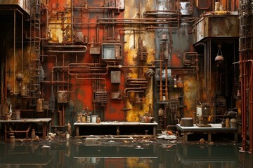 An unconventional vacant area showcasing corroded metallic panels, lustrous diverse items, and structural backdrop; depicted through 3D artwork. Generative AI