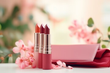 Lipstick makeup bag kit with natural cosmetics on a blurred background. Generative AI
