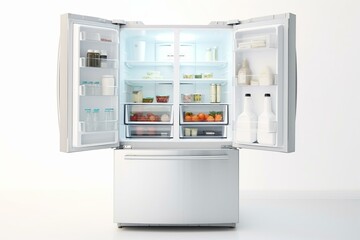 Fridge with food on white background. Counter-depth side by side French doors. Kitchen appliance. Generative AI