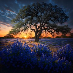field of texas bluebonnets in spring angel oak tree sunset sky realistic photo in focus super detailed photo 