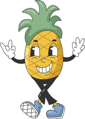 90s Fruit Funny Retro Groovy Cartoon Hippie Character. Comic Pineapple Character on transparent background. Groovy Summer Vector Illustration. Sweet Juicy Fresh Fruit.