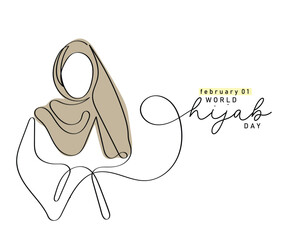 Line art vector of Hijab day that is celebrated every year on 1st of February. Hijab is a Muslim woman's identity and it deserves respect and acceptance. Poster or postcard art.Happy hijab day to all.