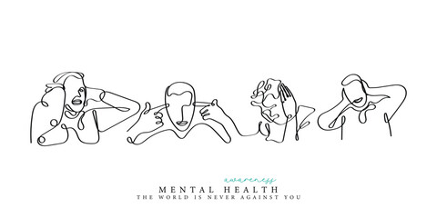 Mental health line art vector. Mental health awareness. Hysteria and help concept.
